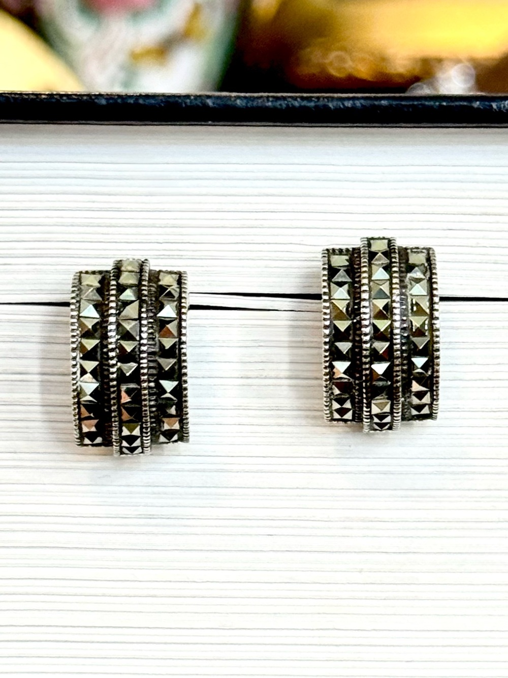 Vintage Judith Jack Sterling Silver 925 Marcasite Half Hoop Earrings